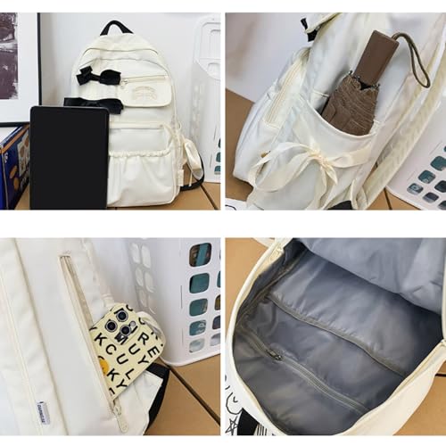 Mochila elegante de nailon blanco para mujer con lazos sutiles 6