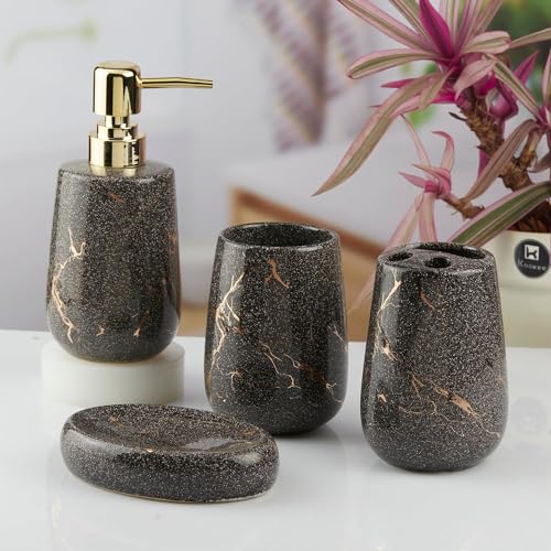 Image of Kookee Ceramic Bathroom Accessories Set 4 Piece | Soap Dispenser, Toothbrush Holder, Tumbler & Soap Dish | Modern Black Bathroom Organiser Set | Housewarming Gift (10428)