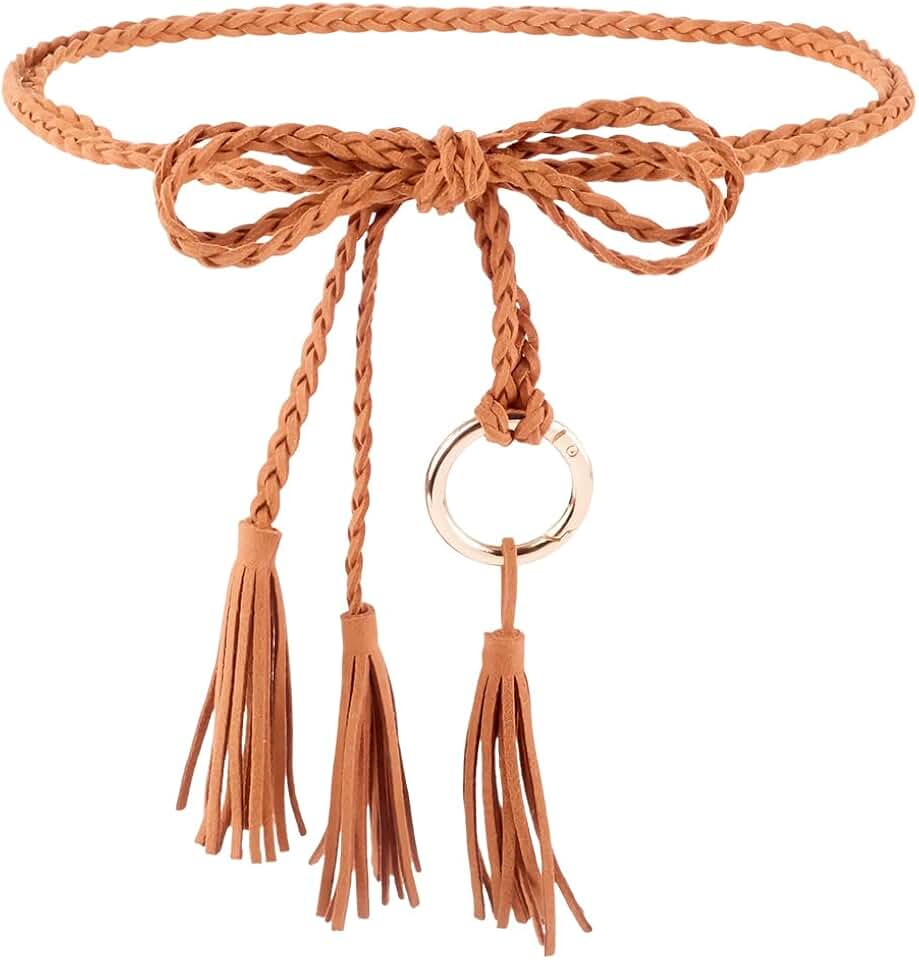 Boho Tassel Waist Belt Rope Women Braided Belts Tie Thin Brown Leather Handmade Woven Long Macrame Skinny Decorative Chain Knotted with Ring for Lady Dresses Clothes Outfit Skirts Wrap Tunics