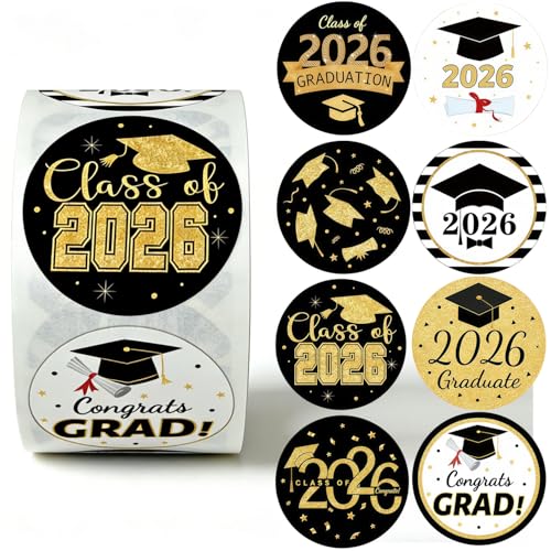 500Pcs Graduation Stickers Class of 2026 Stickers Black White Gold Sparkling Glitter Roll Stickers Self Adhesive Envelope Stickers Congrats Grad Cap Hat Sticker for Senior College Grad Party