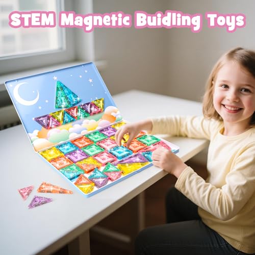 Magnetic Tiles Building Blocks for Kids Ages 3-8, Diamond Surface Travel Set with Metal Storage Box, 60PCS STEM Montessori Educational Learning Toys Gifts — view 5