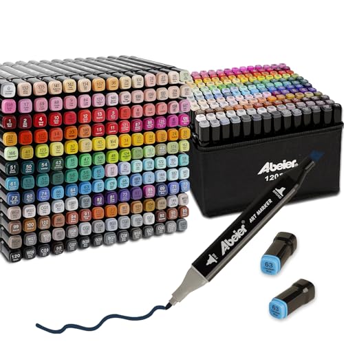 ABEIER 120 Color Alcohol Markers Set Colouring Pens for Adults Beginners Art Marker Dual Tip Permanent Pens for Drawing Sketching Anime Manga Design With Carrying Case
