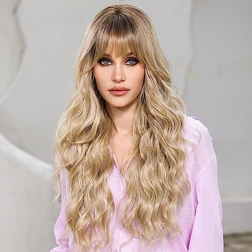 EMMOR Ombre Blonde Wigs for Women Long Curly Wigs with Bangs Heat Resistant Fiber Synthetic Wig Daily Natural looking - Image 2