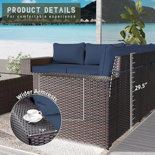 Image of 10 PCS Outdoor Patio Furniture Set,Outdoor Sectional Furniture with 43 inch 55000 BTU Gas Propane Fire Pit Table,PE Rattan Wicker Patio Conversation Set,Swivel Rocking Chairs Set,Navy Blue