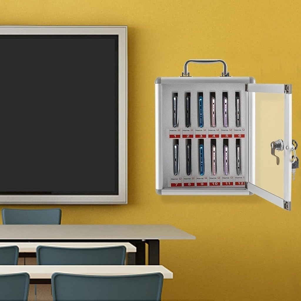 Mobile Phone Storage Locker - 24 Slots Cell Phone Lockbox with Handle for Classroom, Office, and Exams - Secure Cell Phone Organizer (Silver-A)