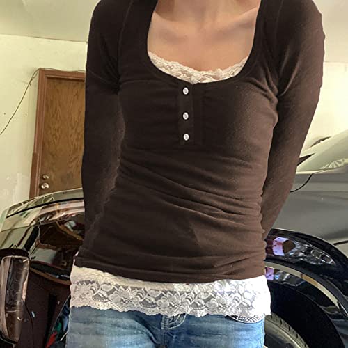 Image of Fairy Grunge Shirts for Women Y2K Tops Long Sleeve Lace Patchwork Tees Teen Girls Vintage Slim Blouse Fall Clothes