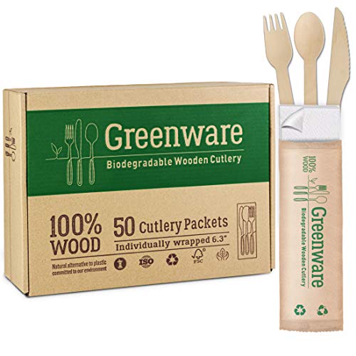 50 Disposable Wooden Cutlery Packets  Individually Wrapped Set of Fork Knife Spoon and Napkin  100 compostable Wood and Paper Eco Friendly Alternative for Plastic