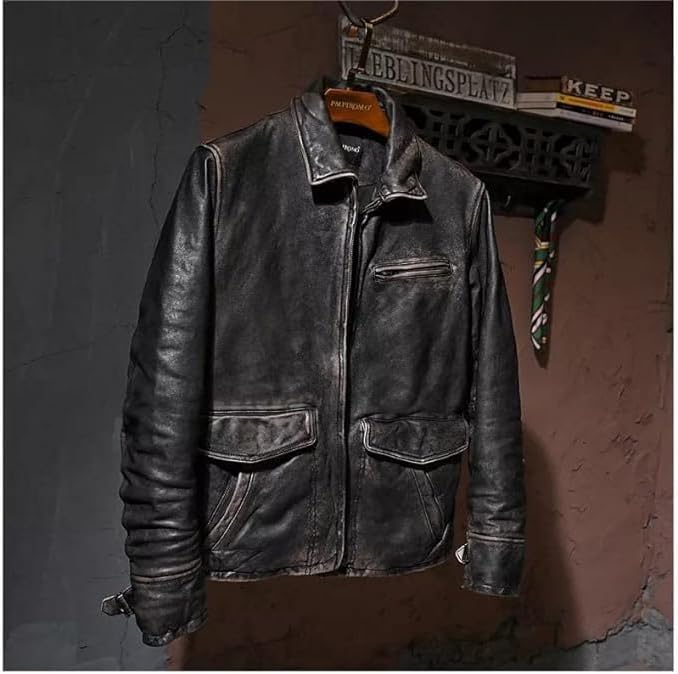 Mens Leather Jacket Black | Real Leather Biker Jacket With Distressed Exterior | Motorcycle Clothing in Vintage Styling - Image 3