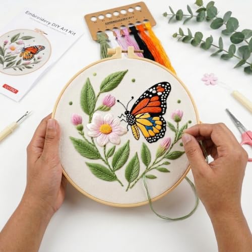 Image of PATPAT 1 Set DIY Flower Cross Stitch Embroidery Kit for Beginners, Embroidery Thread Set with Pre Printed Learning Designs Hoop Threads Punch Needle Kit and Tools, Perfect Stitching and Fabric Kit