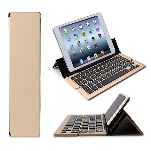iEGrow Foldable Bluetooth Keyboard, F18 Universal Portable Bluetooth 3.0 Wireless Keyboard with Kickstand Holder for Apple iPad iPhone iOS, Andriod, Windows(Gold)