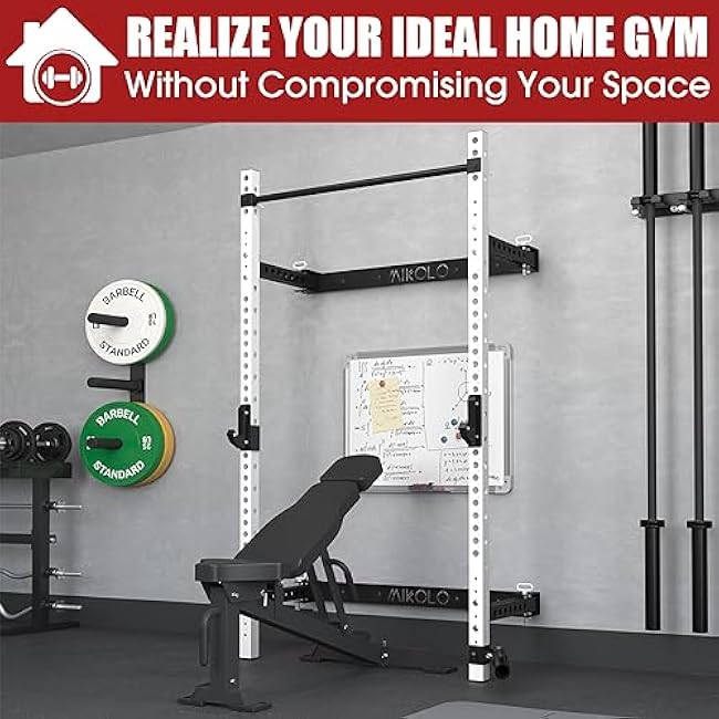 Mikolo Wall Mounted Squat Rack, Folding Power Rack with Lat Pulldown & Cable Crossover System, Power Cage with Pulley System for Home Gym