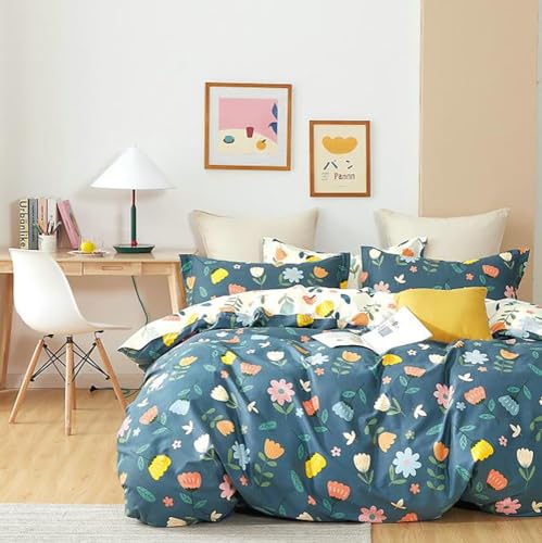 Image of DECOMIZER Super Soft Glace Cotton King Size AC Comforter || Blanket || Duvet with 1 King Size Elastic Fitted Bedsheet 72 inchX78 inch Inch and 2 Large Pillow Cover - 4 Piece Comforter Set - Blue Multi