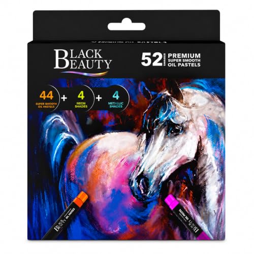 Image of Black Beauty Oil Pastels 52 Shades Set | 44 Classic, 4 Neon & 4 Metallic Colours | Super Smooth Pastels for Drawing, Blending, Shading & Layering | Art Supplies for Kids & Artists