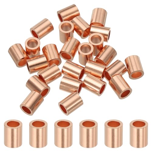 sourcing map 3/16(4mm) Wire Rope Stop Sleeve, Copper Crimping Loops Sleeve Round Crimp Ferrules for Wire Rope and Cable Ferrule, Gold 25Pcs