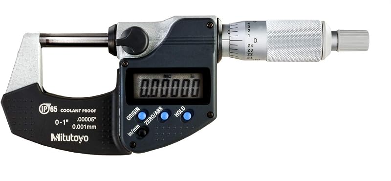 Mitutoyo 293-340-32 Micrómetro digital a prueba de refrigerante, rango de 0-1" | Unidades métricas/pulgadas, caras de medición con punta de carburo, resolución de 0,001 mm, precisión de +/-0,00005", protección de clasificación IP65