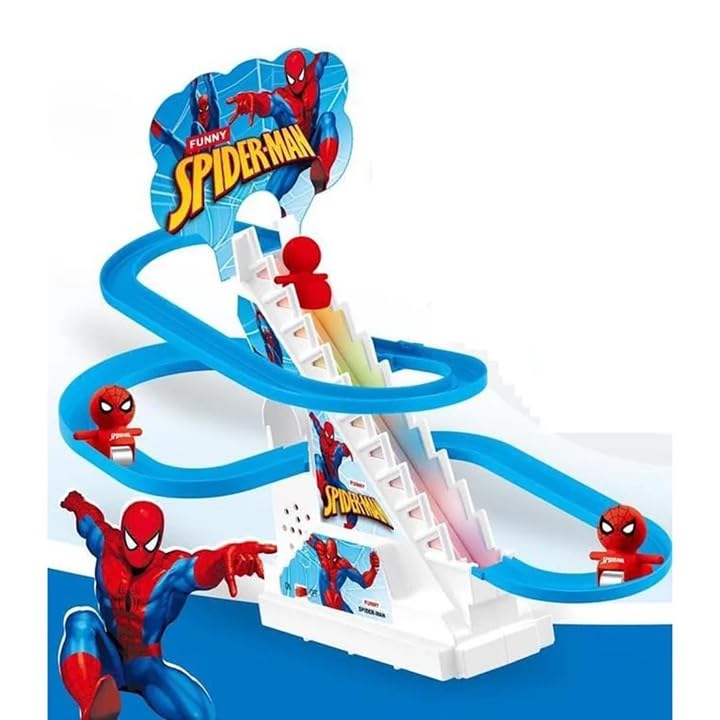 Image of Stair Climbing Cartoon Character Roller Coaster Slide Toy with 3 Small Dolls, Automatic Stair-Climbing Toy with Lights & Music (Cartoon Character Will be Send as per Available in Stock)