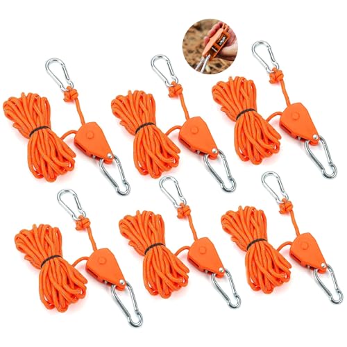 6 Stück Flaschenzug mit Seilbremse, Seilratsche Einstellbar, Spannseil mit Haken 4 M, Winddichtes Outdoor Seil mit Ratsche Reflektierend, Abspannseile mit Seilspanner 4 MM, für Camping, Zelte