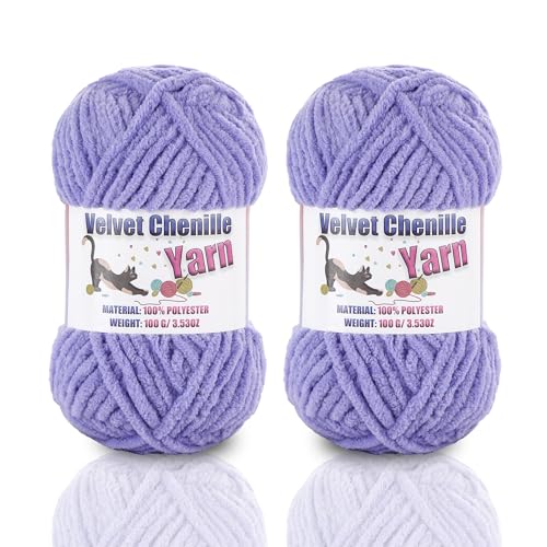 Image of 2 * 100g /3.5oz Fluffy Chenille Yarn for Crocheting, Chunky Velvet Yarn for Crochet Amigurumi, Used for Making Baby Yarns Blanket, Clothes, Pattern Knitting Creations (Light Lavender)