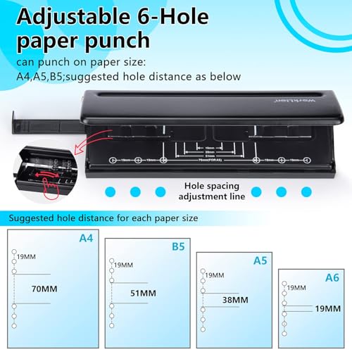 WORKLION Einstellbarer 6-Loch-Locher: Metall 6-Loch-Locher für Planer und 6-Ringbinder mit 6 Blatt Kapazität für A4 / A5 / A6 / Personal/Taschenformat