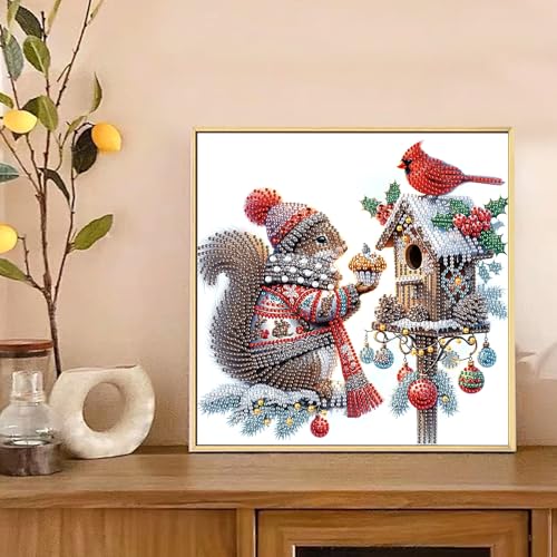 Image of 5D Special Shape Diamond Art Kits for Beginners, Diamond Art Painting Kits for Adults, Crystal Rhinestones Diamond Painting for Home Wall Christmas Decor Gift 11.8x11.8 inch, Christmas Squirrel Bird