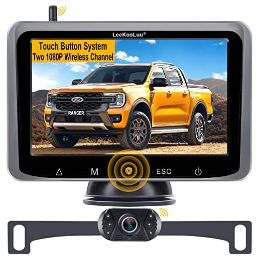 LeeKooLuu HD 1080P Wireless Backup Camera Monitor Kit Digital Signals Two Video Channels Driving Hitch Rear/Front View Observation System for Trucks,Campers,Van,Cars Night Vision DIY Guide Lines