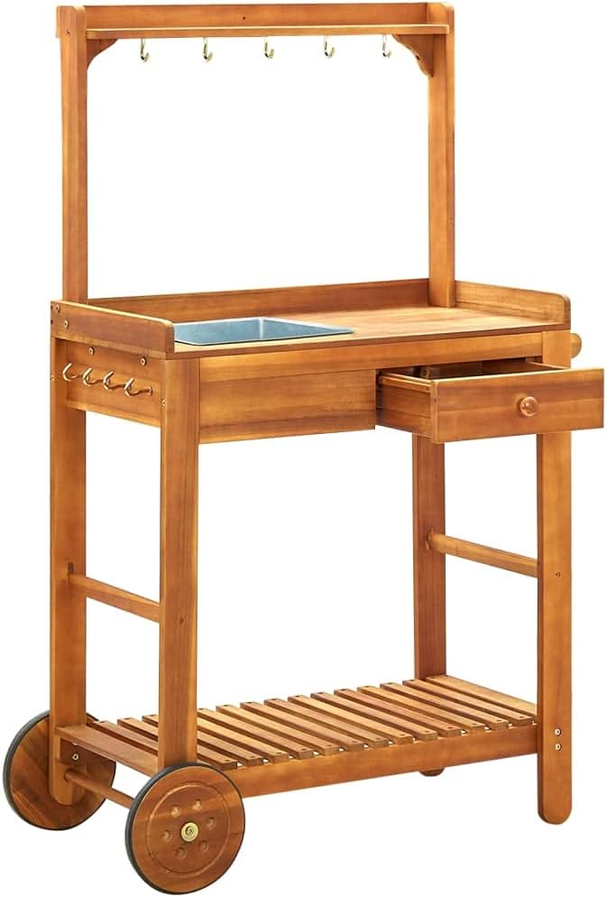 Garden Kitchen Trolley Solid Acacia Wood Durable Serving Cart 36.2"x17.1"x55.7" Rolling Kitchen Island with Drawer Shelf Hooks Mobile Cart for Kitchen Storage and Food Preparation
