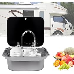Fregadero Caravana Con Tapa Lavabo de mano para caravana, fregadero de camping con grifo y tapa, de acero inoxidable, para caravanas y autocaravanas