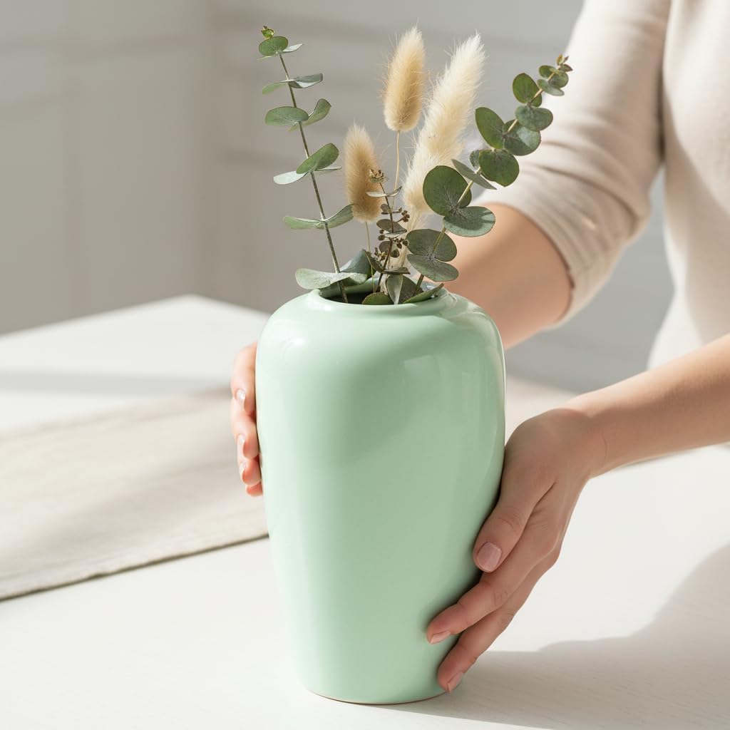 Green Vase, 8 Inch Boho Ceramic Vases for Home Decor, Modern Teal Flower Vase for Living Room Decor, Decorative Centerpiece for Coffee Table, Kitchen