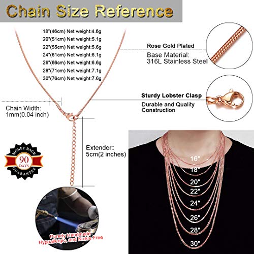 316L Stainless Steel Snake Chain Rose Gold 1Mm Thin Slim Necklace Chain For Women Girls, 22" #TOP5