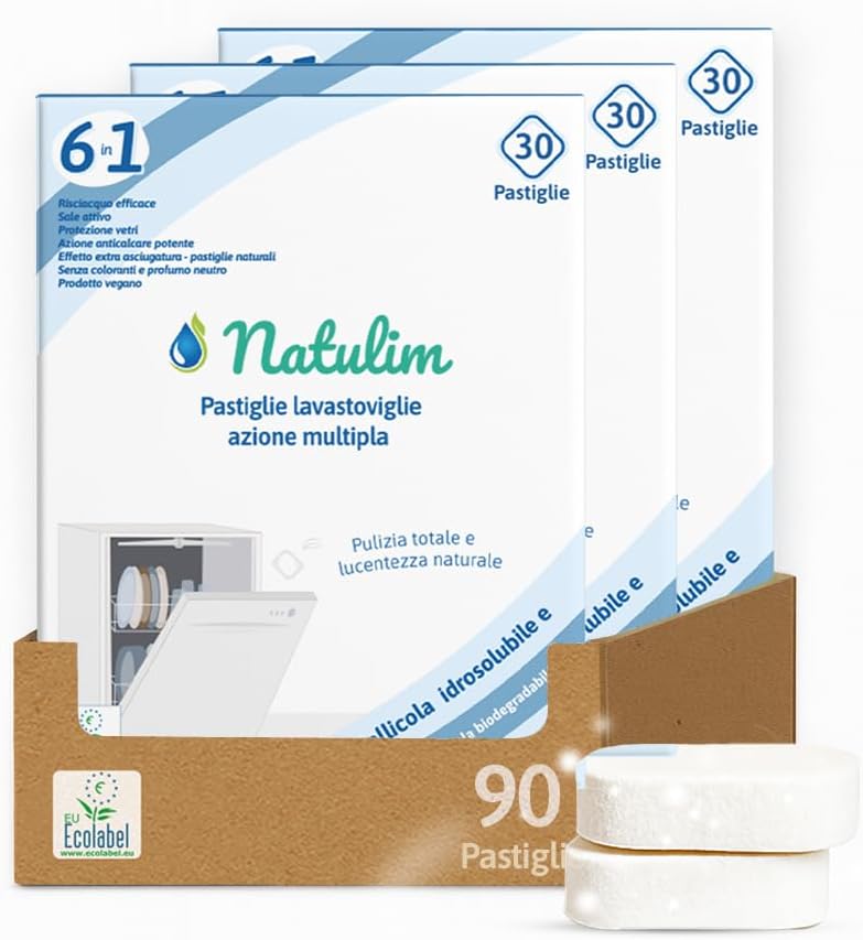 Natulim - Pastiglie per lavastoviglie 6 in 1 biodegradabili e idrosolubili, confezione da 30 - Pulizia profonda, risciacquo, funzione sale, protezione vetri, effetto extra dry - 3 confezioni da 30 pz.