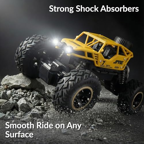 Image of Lilplay Monster Truck | Rechargeable Remote Control Car for Kids | Rock Crawler 5 Function 1:18 RC Car with Smoke | Offroad High Speed Rock Climbing Toys for Boys (Golden)