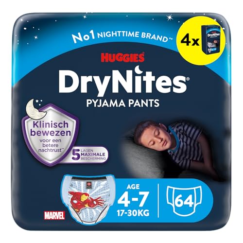 Huggies DryNites Pañales de Noche para Niño 4-7 (17-30 kg), Clínicamente Probado con 5 Capas de Máxima Protección Nocturna, 4 Packs de 16, Total 64 Calzoncillos Absorbentes
