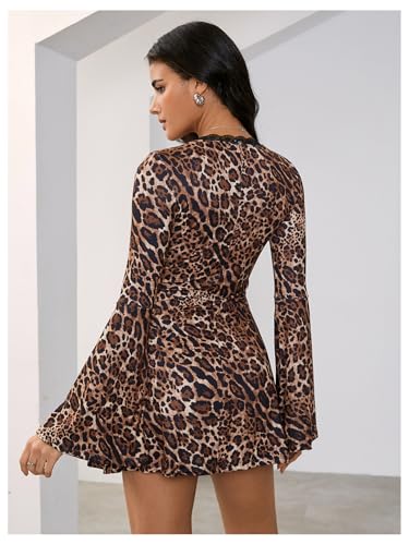 MakeMeChic Women's Leopard Print Dress Bell SleeveLace Trim Sweetheart Short Dresses Cheetah Print Dresses2
