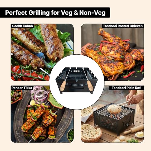 Image of The Better Home Heavy-Duty Iron Charcoal Grill - Sturdy Barbecue Sigdi for Home & Garden with 2 Rust-Proof Stainless Steel Skewers | Portable BBQ Set with Wooden Handles & Mesh Grill (Silver)