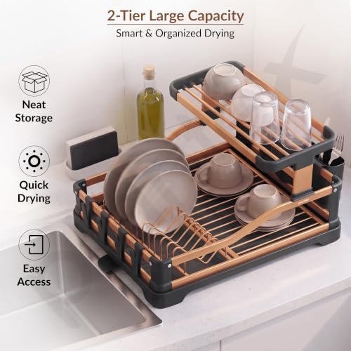 Image of Plantex Fold Flat Dish Drying Rack /Aluminium 2-Tier Dish Rack with Drainboard /Vessel Drainer Basket /Plate Holder Stand /Kitchen Rack - Pack of 1 (Gold & Black)