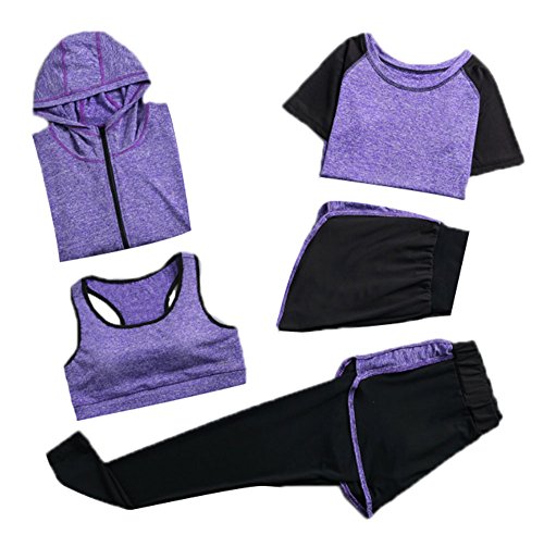 Women's Sportsuit Set, Running Jogging Tracksuit Gym Fitness Outfit Workout Sweatsuit 5 Piece Set Purple