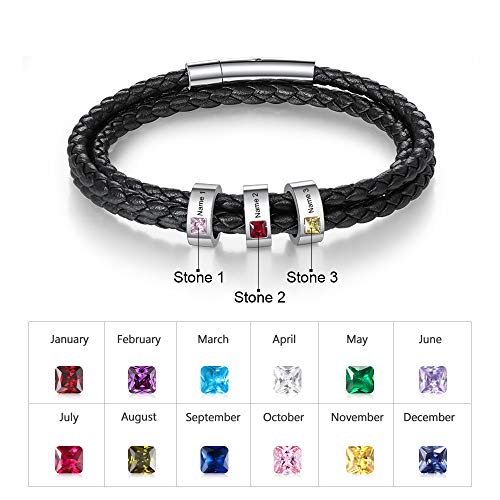 kaululu Father's Day gift for Dad Custom Leather Bracelet for Men with 1/2/3/4/5/6/7/8 Birthstones Engraved Stainless Steel Beads Personalized Names Bracelet for Father's Day gift for Men4