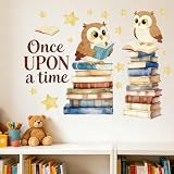 PRESSINART Adesivo Da Parete Angolo Lettura 23.62 x 14.96 Pollici Sticker Murale Stacca E Attacca Con Libro Aperto E Gufo “C’era Una Volta” Per Finestra Decorazione Per Biblioteca Camera Da Letto Sala
