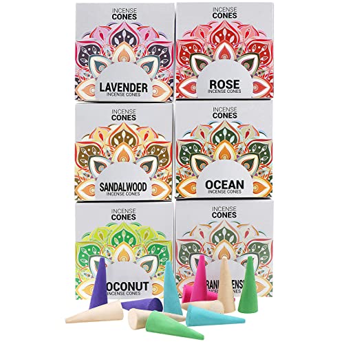 Kkoeop Incense Cones- Mix 6 Scents (96 Cones Total), 16 Cones Each Of Rose, Sandalwood, Ocean, Lavender, Frankincense,Coconut Gift Sets White Cone0 Cone01 #TOP2