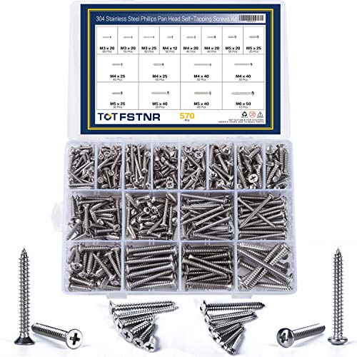 TOTFSTNR Self Tapping Screws Combination Set,570Pcs M3 M4 M5 M6 304 Stainless Stell Metal Screws Kit,Phillips Drive Wood Screw Assortment(285pcs Round Head and 285pcs Flat Head)