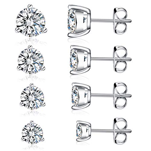 18K White Gold Plated CZ Stud Earrings for Women Men Faux Diamond Cubic Zirconia Pack Hypoallergenic Sensitive 3-6mm Set