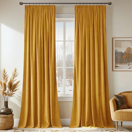 MIULEE Rideaux Velours avec Galon Fronceur 140x245 CM Lot de 2, Belle Luxueux Semi-occultant Rideaux Jaune Moutarde, Moderne Rideau Salon Chambre Fenetre,...