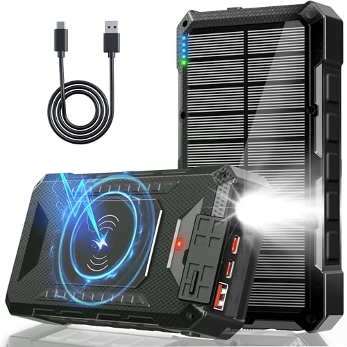 Power Bank Solar 26800mAh, 45W PD Bateria Externa Carga Rapida, Bateria Externa Inalámbrica con 3 Puertos y Linterna LED, Cargador Solar para Movil, Tabletas, Camping (Negro)