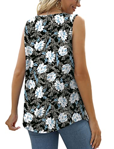 Image of Saloogoe Summer Tank Tops for Women Loose Fit Pleated Square Neck Sleeveless Tops Curved Hem Flowy