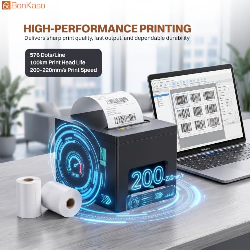 Image of BonKaso BKT04 80mm Thermal Receipt Printer POS Bill Printer 200mm /s High Speed ESC /POS with Auto Cutter USB LAN WiFi BT Connectivity for Retail Restaurant Warehouse Pharmacy 12x16x12cm Black