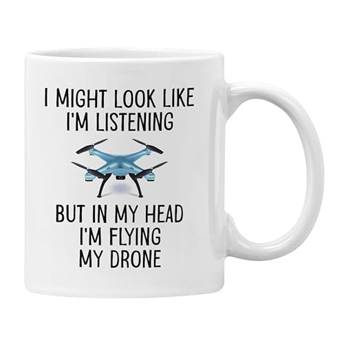Drone Gift Funny Mug Coaster I Might Look Like I'm Listening But in My Head I'm Flying My Drone Gift Cup Construction Work (White)