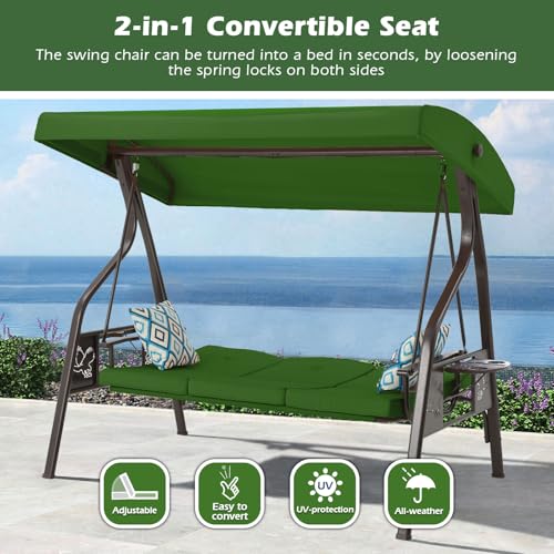 Image of ZZW 3-Seat Outdoor Porch Swing with Stand Patio Swing with Canopy 2 in 1 Porch Swing Bed & Patio Swing Chair for Adult Yard Swing w /Extra Pillows and Cup Holder (Green)
