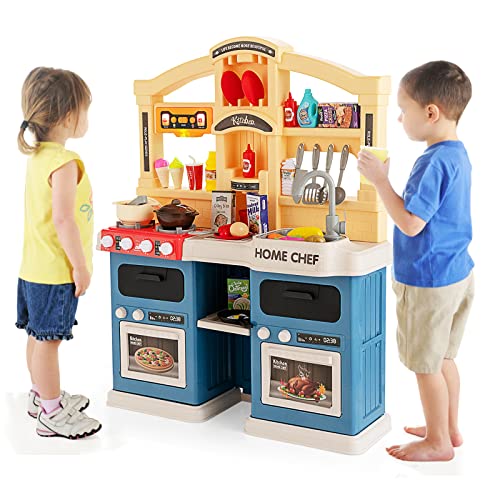 DREAMADE Cuisine Enfant de 69 Pièces avec Effets de Vapeur &amp; Cuisson, Jeu de Cuisine avec Évier &amp; Robinet &amp; Plaque de Cuisson &amp; Four, Effets Sonores &amp; Écoulement d'eau Réaliste pour 3+ Ans (Bleu)