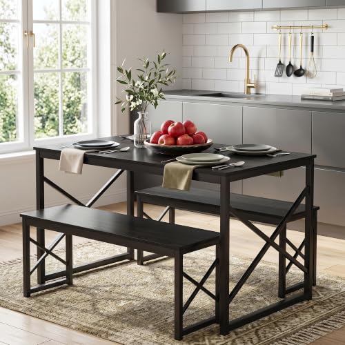Image of VECELO 43.3 inch Kitchen Dining Table Set for 4, Heavy-Duty Steel Frame & Wood-Grain Tabletop, Space-Saving Dinette Sets with 2 Benches for Breakfast Nook and Small Space, Black
