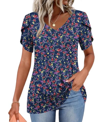 Image of CATHY 2026 Women Tops Summer Short Sleeve Tunic V Neck T-Shirts Loose Casual Floral Blouse S-4XL